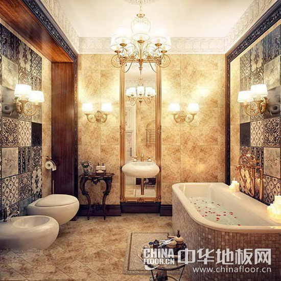 欧式混搭风卫浴间 典雅的浪漫气息 瓷砖仍然是打造古典风格的要素,这间卫浴间在瓷砖上花了足够的心思,浴缸背景与对面墙采用丰富多样的冷色雕花瓷砖贴面,多种花色错开铺贴,而地板与较窄的亮面墙采用了米黄色的花瓷砖,冷色调掺入暖色调,使空间不至于太过冰冷,而多处的欧式吊灯设计,更将空间提示几分暖意。